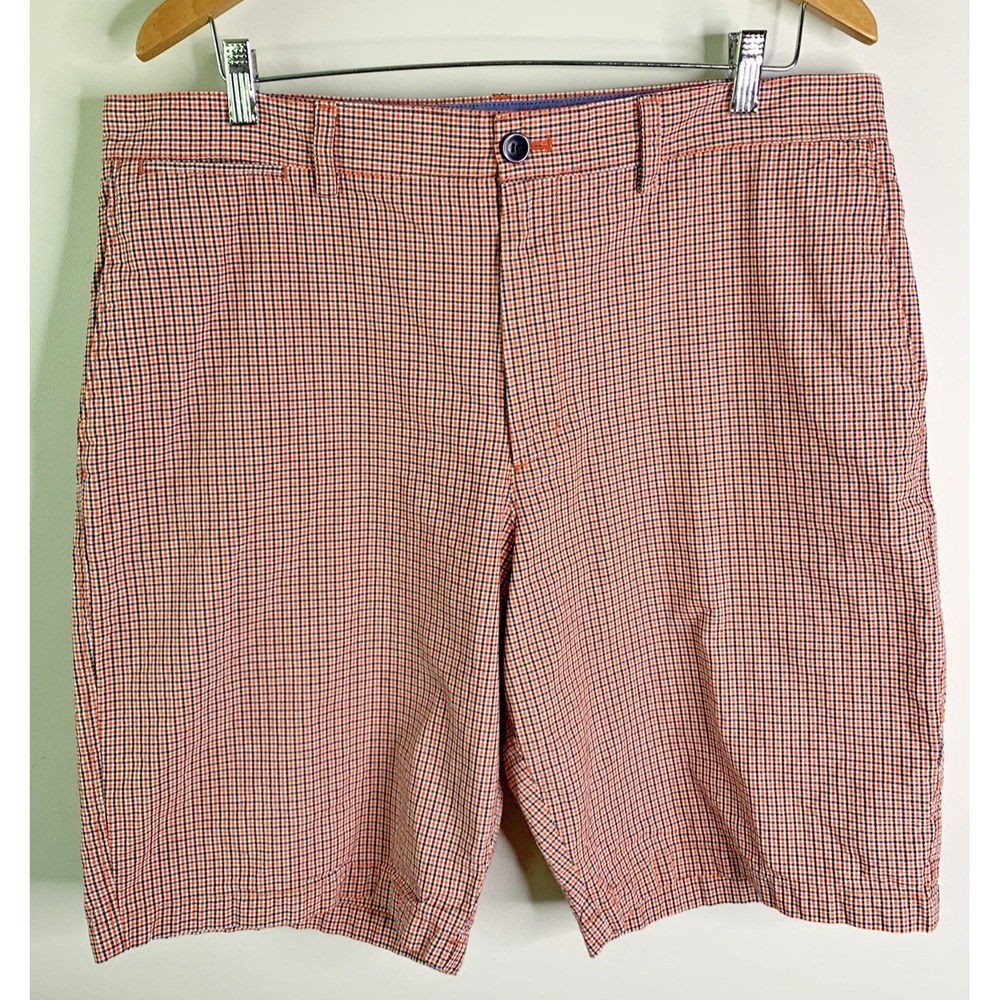 Banana‎ Republic Men's 38 Orange Navy Blue Plaid Casual Shorts 100% Cotton